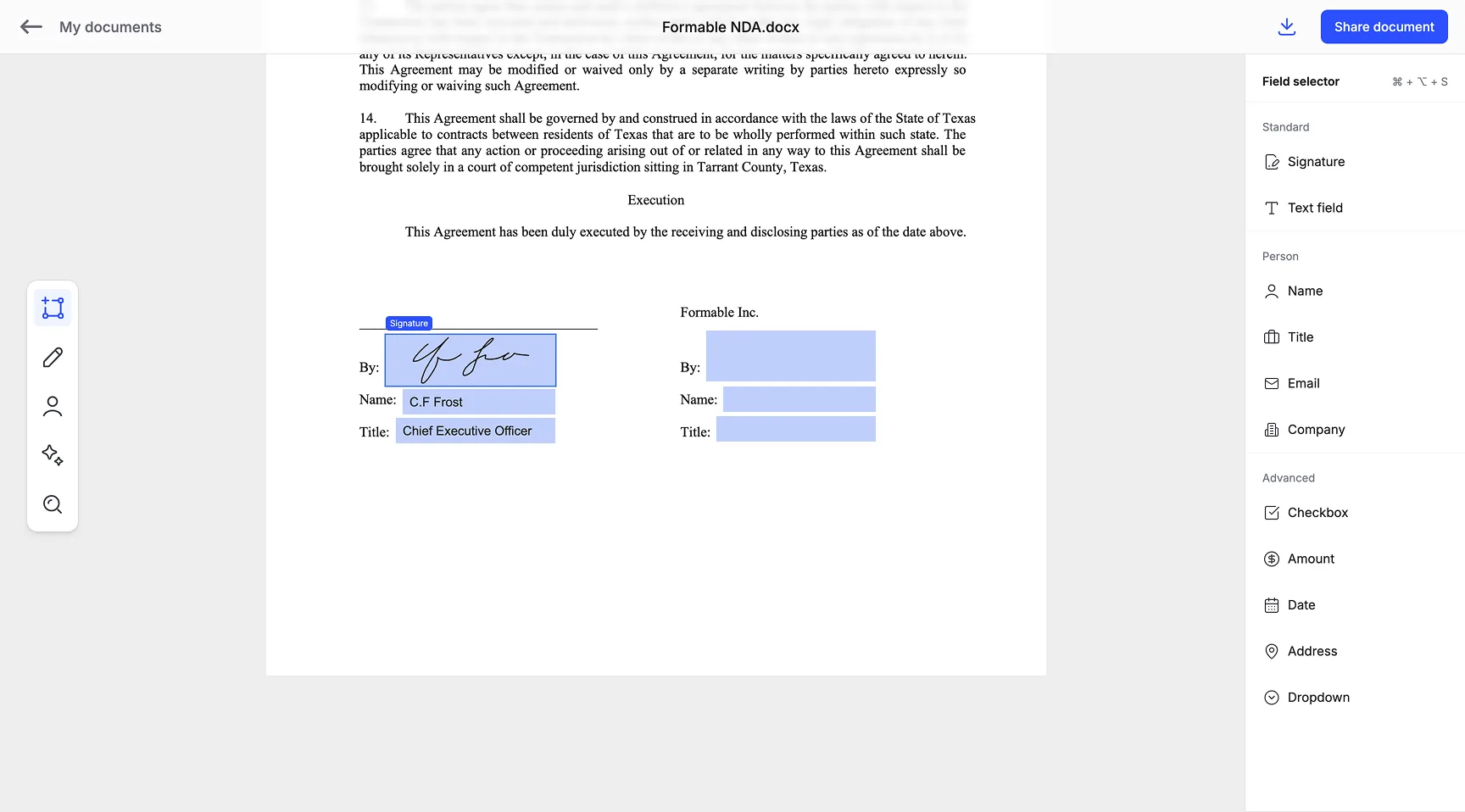 Sending a document for electronic signature in Formable