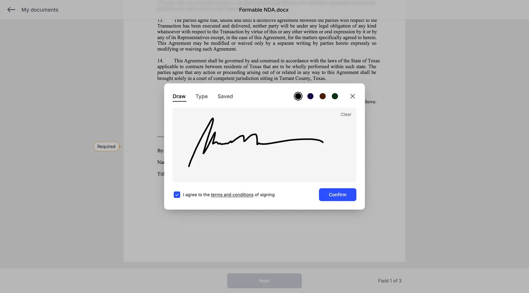 Completed signed document with audit trail in Formable