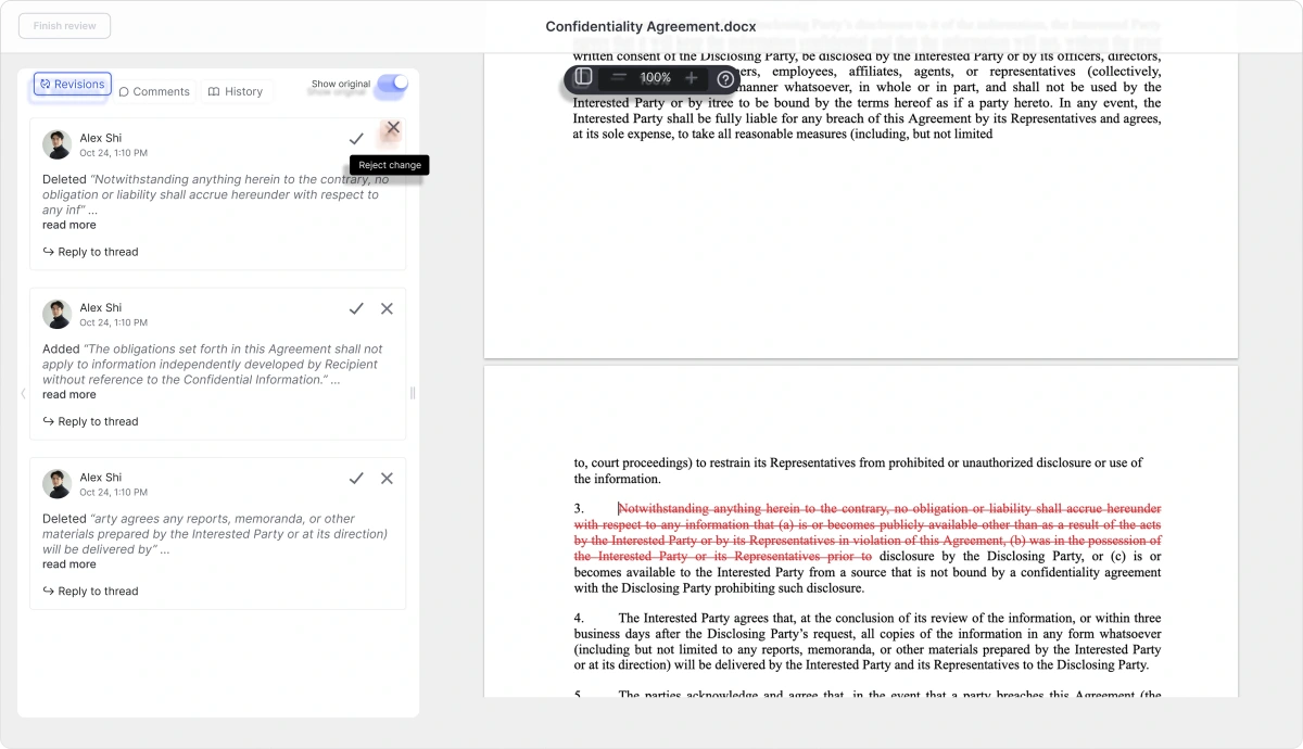 Formable redlining editor on mobile showing contract negotiation
