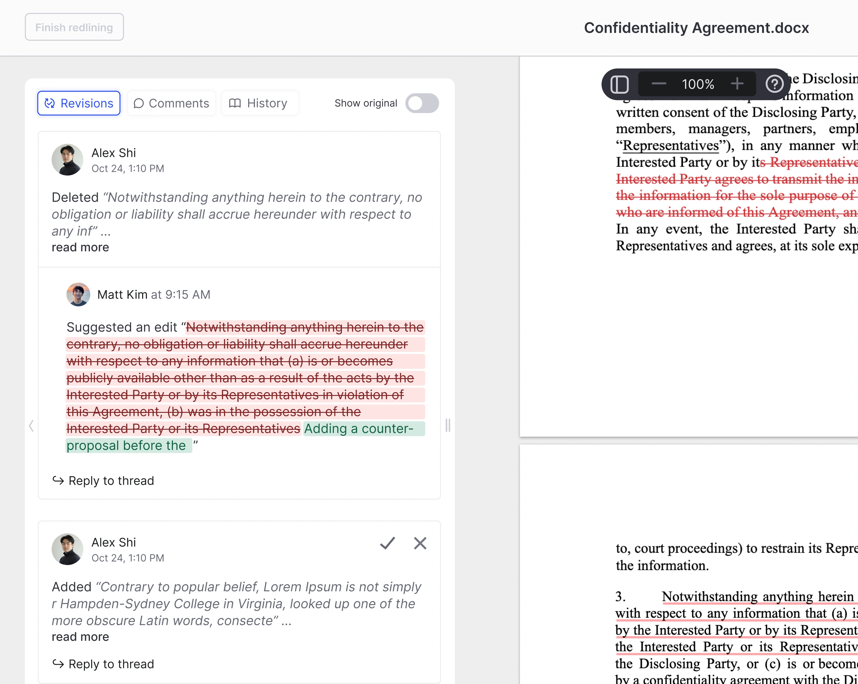 Formable redlining editor showing counter-proposals and comments